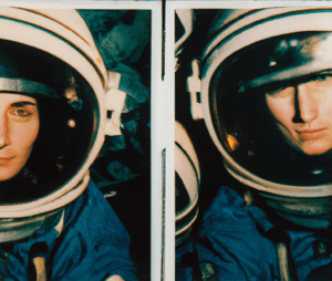 DALL·E 2022-11-11 11.23.30 - Split-frame of a woman on earth and her sister on the International Space Station wearing helmets 35mm Polaroid